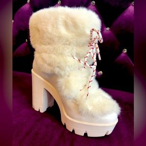 Jessica Simpson Mirie Ankle Boots.Block Heel.White Leather & Faux Fur. Size 7.5.